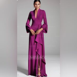 Missacc Plunge Neck Bell Sleeves Cascadin Ruffled Waist Elastic Satin Dress